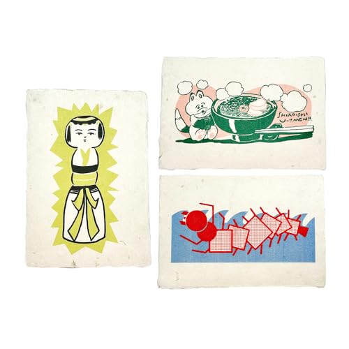 [白石和紙]ポストカード3枚組 (こけし、孫太郎虫、白石温麺) | Long Nagai 伝統工芸 弥治郎 郷土料理 イラスト 文化や物語[560009]