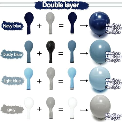 Image of Navy Blue Balloon Arch Kit - Double Stuffed Dusty Blue Pastel Blue Balloon Garland Dark Light Blue Grey Latex Balloons for Baby Bridal Shower Birthday Wedding Graduation Party Decoration