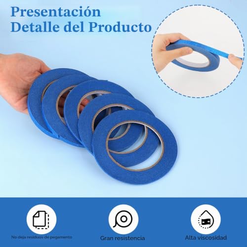Miniatura 5 de Jjunw 5 Rollos De Cinta Adhesiva Azul De Línea Fina, 3 5 10 12 Mm X 50 M De Cinta Decorativa, Cinta De Pintor Autoadhesiva De 4 Anchos Con Línea Fina Para Proyectos De Automóviles, Escuelas, Oficinas
