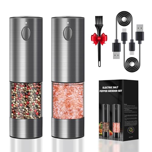 Haomacro Electric Salt and Pepper Grinder Set,USB Rechargeable Pepper Mill Salt Grinder,Electric Pepper Grinder with Adjustable Coarseness,Refillable Salt and Pepper Shakers 2 Pack