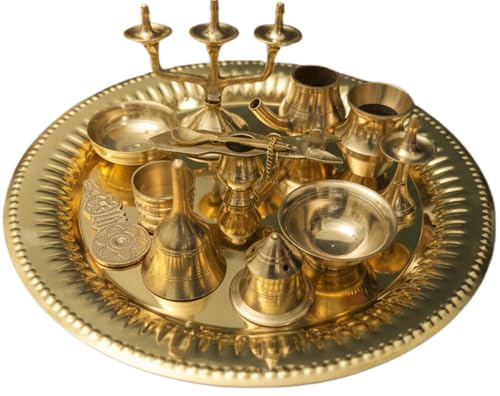 Image of Brass Ashtamangalya Pooja Set with Decorative Thali, Traditional Hindu Worship Kit, 10 inch, Gold (10 inch)