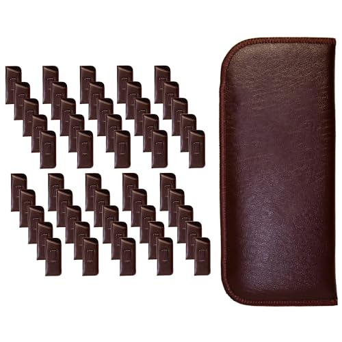 Image of Calabria Slip-In Eye Glasses Case w /Plastic Pocket Clip Faux Leather Felt Brown Men Women Eyeglass Pouch Sunglasses Holder - 50PACK