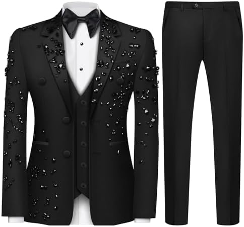 Luxury Men's 2 Piece Suit Slim Fit Solid 2 Button Beads Crystal Party Wedding Tuxedo Suits Blazer Jacket Pants Set