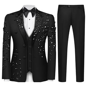 Luxury Men’s 2 Piece Suit Slim Fit Solid 2 Button Beads Crystal Party Wedding Tuxedo Suits Blazer Jacket Pants Set