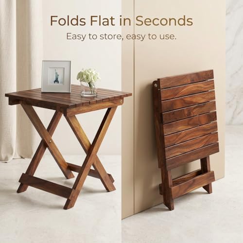 Image of Wooden Folding Side Table, Brown Antique Finish, 15 Inch | Mango Wood, For Bedroom & Living Room, Coffee Table, Corner Teapoy