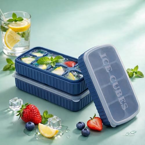 BIDFUL [3 Pack] Blue Ice Cube Tray with Lids, 2-Inch Large Silicone Flexible 8-Cavity Ice Maker Molds for Whiskey & Cocktails, Easy-Release Reusable Ice Cubes, BPA-Free