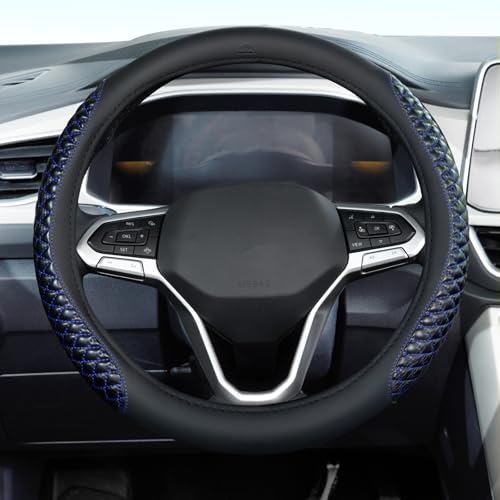 Image of Coverado Car Steering Wheel Cover, Nappa Leather Black & Blueline Steering Wheel Covers, Universal 14-15 inch, Anti-Slip, Breathable Steering Wheel Protector for Women Men