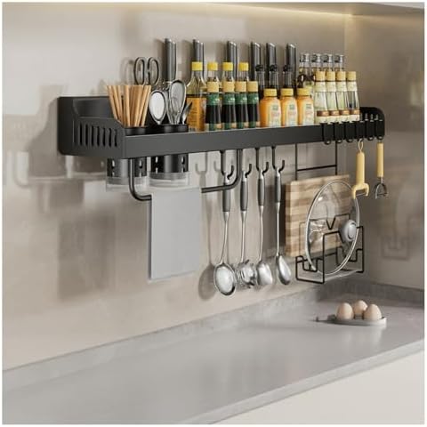Kitchen Rack Organizer, Multifunctional Shelf Holder with Hooks, Carbon Steel Knife & Utensil Storage for Spatulas, Towels, Seasoning Jars - Black 40cm