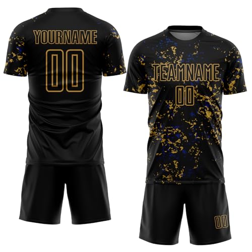 Custom Black and Gold Blue Soccer Jerseys for Women Men Youth Boys Girls Teens Adults, Personalized Athletic Shirts and Shorts, Design Your Own Football Volleyball Team Uniform Printed Logo Number