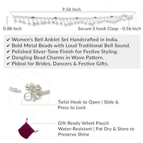 Image of Duel On Jewel Silver Plated Anklet for Women, Traditional Payal Pair with Chain Link Design and Ghungroo Bell Detail, 10 Inch Comfort Fit Foot Accessory, Ethnic Everyday Wear, Wedding Gift