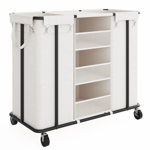 WOWLIVE Laundry Sorter 2 Section, 200L Rolling Laundry Hamper with Wheels | Laundry Cart with Steel Frame, Laundry Basket with Hanging and Removable Bag, Storage Unit Basket Organizer for Dorm, Beige