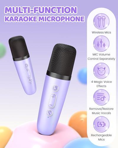 Image of YLL Upgraded Mini Karaoke Machine with 3 Wireless Microphones Toy for Kids, Birthday Gifts for Girls Boys, Portable MP3 Player for Ages 3, 4, 5, 6, 7, 8, 9, 10, 11, 12+ Year Old Family Party (Purple)