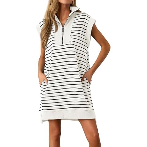Wenrine Womens Striped Mini Dress Casual Zipper V Neck Cap Sleeve Collared Loose Summer Knit Dresses White Cover