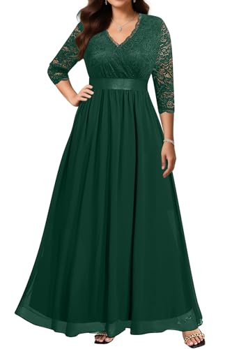 Image of Pinup Fashion Wedding Dresses for Bride Plus Size - Formal Evening Gown Wrap Neck Lace Chiffon Long Dress