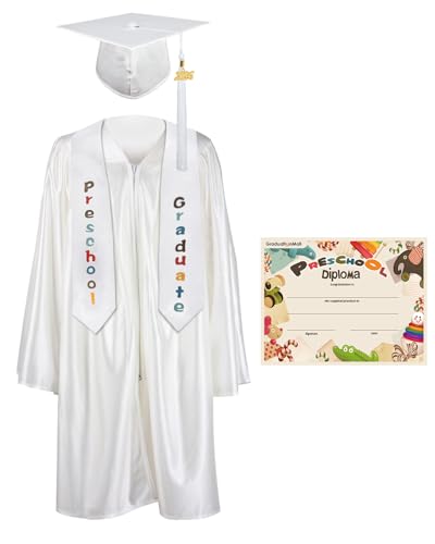 GraduationMall Preschool Graduation Cap Gown Stole Package with 2026 Tassel Certificate White Small 27(36-38)