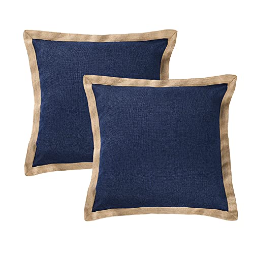 Homechoice Decor Decorative Throw Pillow Covers, Navy Pack of 2 Burlap Trimmed Cushion Cases with Zipper Closure, Retro Countryside Woven Throw Toss Pillow Cases for Love Seat, 20x20 Inch (LQ-15)