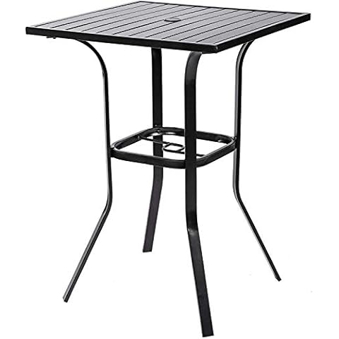 SOLAURA Outdoor Patio Bar Height Table Patio Slat Table Top/Metal Frame, Umbrella Hole for Lawns, Poolside, Deck, Garden Cover