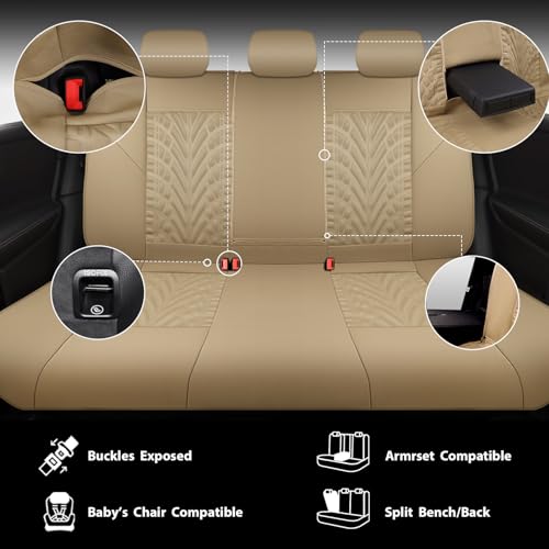 Image of CAR PASS Neoprene Waterproof Seat Covers Full Sets, Wetsuit Car Seat Covers 5 Seats Universal Fit for Vans, Truck, SUV, 3D Tyre Embossed Seat Covers Anti Slip with Armrests, Aibag Compatible All Beige