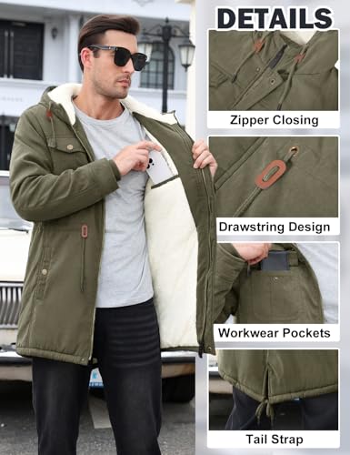 Vijamiy Parka Hombre Abrigo Invierno Con Forro Polar Chaqueta Cortaviento y Cálido con Capucha Largo Winter Jacket Chaqueta de Moda Pocket Coat(Verde militar,XXL) - imagen 2