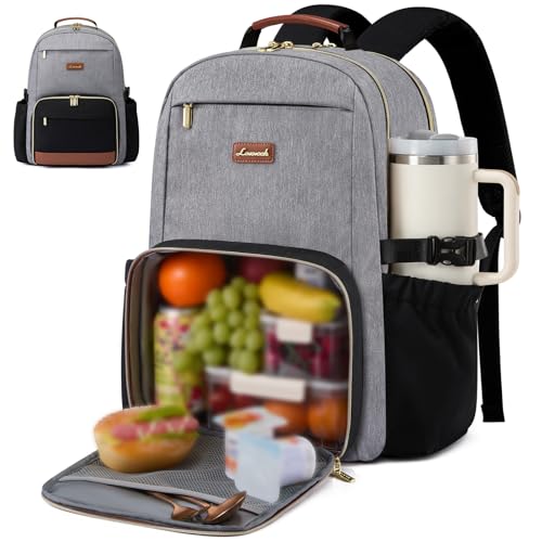 Image of LOVEVOOK Lunch Backpack with Lunch Compartment,15.6 Inch Laptop Work Travel Insulated Cooler Backpack, Waterproof College Teacher Lunch Bag Box with Tumbler Holder,Gifts for Men Women,Grey-Black-Brown