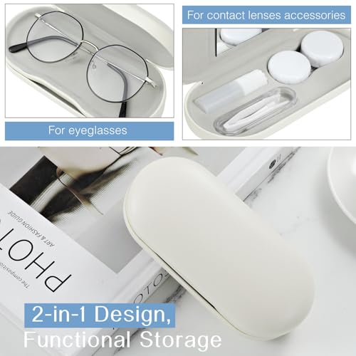 Image of MoKo Double Eyeglass Case, Contact Lens Case with Mirror Tweezers Remover, 2 in 1 Double Sided Portable Contact Lens Box Holder Container Soak Storage Kit Sunglasses Pouch for Men & Women, Beige