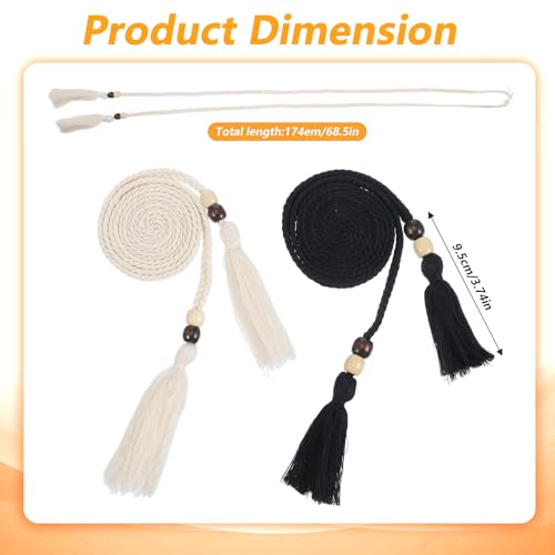 2pcs String Belt, Tie Belts for Women, Rope Belts for Women, Black + Beige Thin Woven Bohemian Tassel Rope Belt with Wooden Beads for Girls Thin Dresses Skirts Tunics3