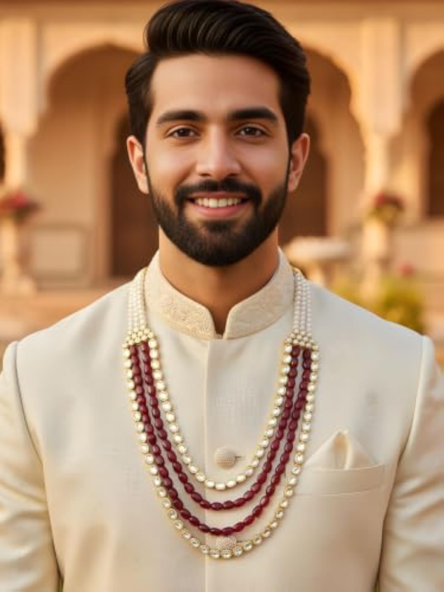 Men's Luxurious Red Tumble Stone & Polki Kundan Maharaja Haar
