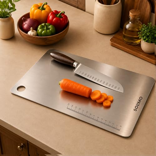 Image of Amazon Brand - Solimo Round Chopping Slicing, Kneading Board | Stainless Steel | Double Sided | Round Edge | for Vegetables, Fruits (L)