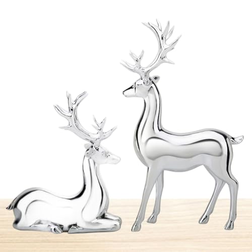 Gcroet Set di Decorazioni Natalizie in Argento con Cervi di Natale, Figurine di Renne in 2 Pezzi per la casa, Decorazioni Natalizie per Interni Piedi e seduti..