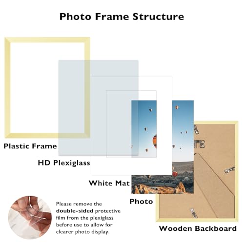 Image of 8x10 Picture Frame Gold with 5x7 Mat for Wall Hanging or Tabletop, Display Photo 5x7 with Mat or 8x10 without Mat, 8 by 10 Wall Gallery Poster Photo Frame with Shatter Resistant Plexiglass, Gold
