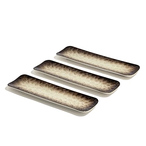Image of Beyond Homes Ceramic Sushi & Dimsum Serving Trays Set of 3 | 10 Inch Long Rectangular Plates | Ceramic Platter Plates for Serving Snacks, Momos, Sushi & Desserts | Microwave & Dishwasher Safe | Beige