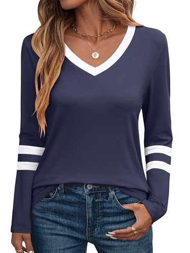 ANRABESS Womens Long Sleeve Shirts V Neck Color Block Basic Tshirt 2025 Fall Casual Striped Tee Tunics Tops Trendy Outfits