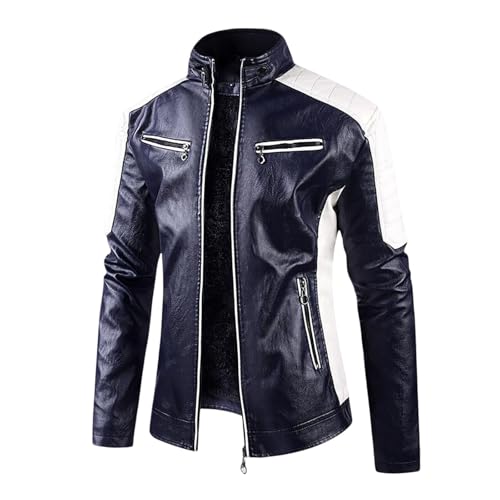Chaqueta De Cuero De La Motocicleta Para Hombre Negro Chaqueta Clásica Para Motero En La Carretera Estilo Brando Retro Café Racer Chaqueta De Cuello Alto Cremallera Integral Corte Ajustado, azul, S
