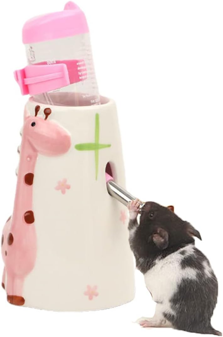 Hamster Water Bottle Small Animal Standing Water Dispenser Ceramic Base Cage Hanging Water Feeding Bottles Auto Dispenser for Hamster Guinea Pig Squirrel Rabbit Hedgehog (Pink)