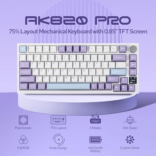 EPOMAKER Ajazz AK820 Pro ゲーミングキーボード 75% ガスケット搭載 メカニカルキーボード TFTスクリーン 3モード(Bluetooth 5.1/2.4Gワイヤレス&Type-C有線) 消音フォーム搭載 (White Purple - OEM Profile, Ajazz Gift Switch)