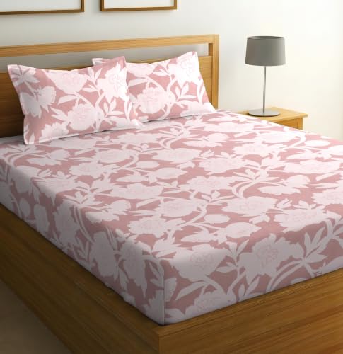 Image of Cotton Glace Cotton Elastic Fitted Bedsheet with 2 King Size Pillow Covers | Double Bed with All Around Elastic, Fits Upto 8 Inches Mattress, Size 72 x 78 Inches (Pink Flower)