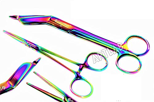 German Hemostat Forceps 5 Inches Plus Lister Bandage Scissors 5.5 Inches Rainbow Titanium Premium Cynamed