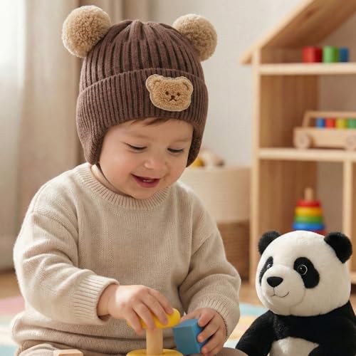 Image of Kraptick Children's Pompom Winter Warm Caps for Toddlers & Kids, Soft Knitted Beanie with Warm Earflaps, Cute Teddy Bear Design, Unisex Baby Woolen Hat-2
