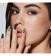 Dikixe Black Matte Coffin Press On Nails with Yellow Painted Lines Full Cover Acrylic 24 Pcs Salo...