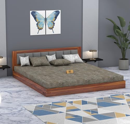 Image of Solid Sheesham Wood King Size Bed Without Storage for Bedroom Living Room Home Hotel Wooden Double Bed Cot Palang with Cushion Headboard Home Furniture (Honey Finish)