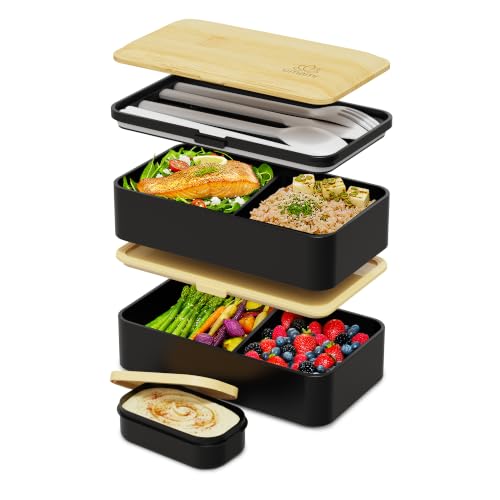 Image of Umami Bento Box Adult, Stackable Lunch Box, 40 oz, Black& Bamboo