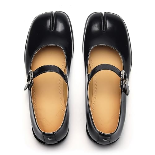 Women's Mary Jane Tabi Shoes,Split Toe Patent Leather Dress Flats with Square Toe and Buckle Strap2