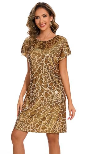 Image of Women's Crewneck Sequin Shift Dress Short Sleeve Casual Holiday Sparkly Party Dress