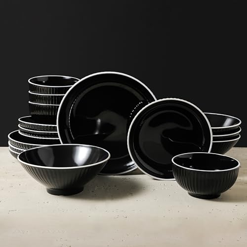 Image of Christian Siriano Lustra Modern 16-Piece Stoneware Dinnerware Set, Plates and Bowls Set, Dinner and Salad Plates, Ramen Bowls, Dishes for 4, Black