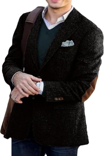 Men's Vintage Tweed Blazer Jacket Classic Fit Winter Two Button Business Jackets Mens Sport Coats with Elbow Patches
