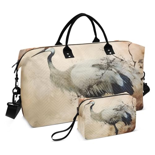 Large Travel Duffel Bag, Watercolor Crane Sports Tote Gym Bag, Shoulder Weekender Overnight Bag for Women Men, Carry On Luggage with Toiletry Bags