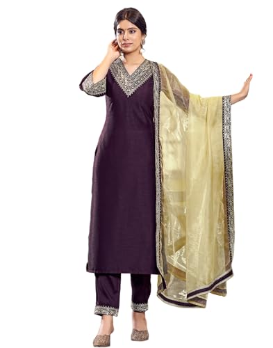 Women's Silk Blend Embroidery Lace Straight Kurta With Pant And Dupatta