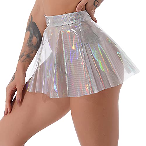 JanJean Womens Shiny Glossy See-Through High Waist Zipper Skirt Flare Ruffled Mini Skirt Clubwear3