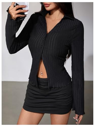 MakeMeChic Women's Button Down Shirts Bell Sleeve Tops Slim Fitted Collared Blouse Office Work Striped Shirts4