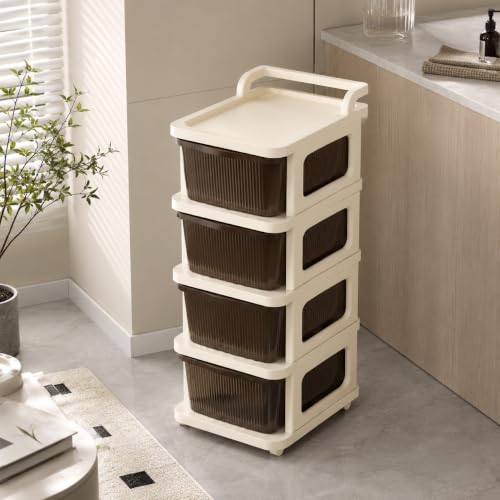 Image of Heavy Duty Plastic Storage Drawer with Wheels | Modular Cabinet for Bedroom, Office, Home or Classroom| Chest of Drawers Organiser for Cosmetics, Kitchen items, Toys (Brown, 4)
